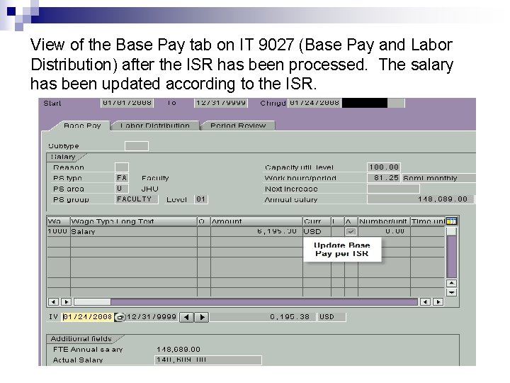 View of the Base Pay tab on IT 9027 (Base Pay and Labor Distribution)