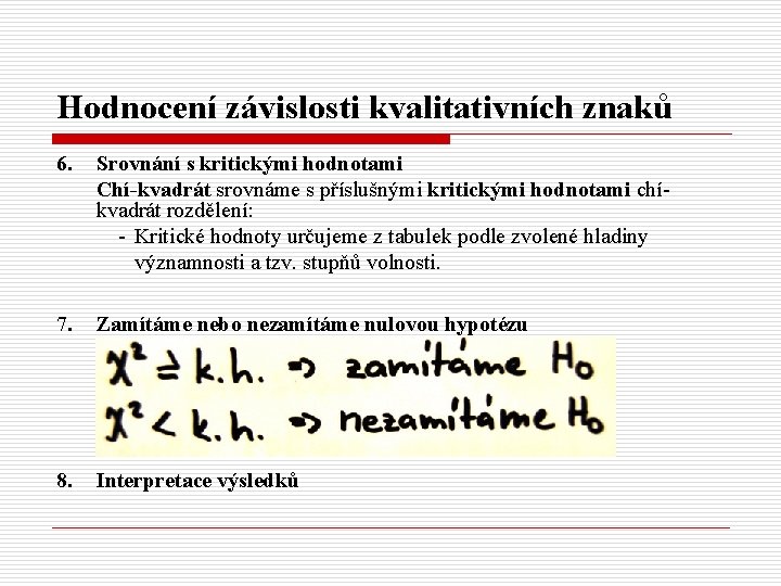 Hodnocení závislosti kvalitativních znaků 6. Srovnání s kritickými hodnotami Chí-kvadrát srovnáme s příslušnými kritickými