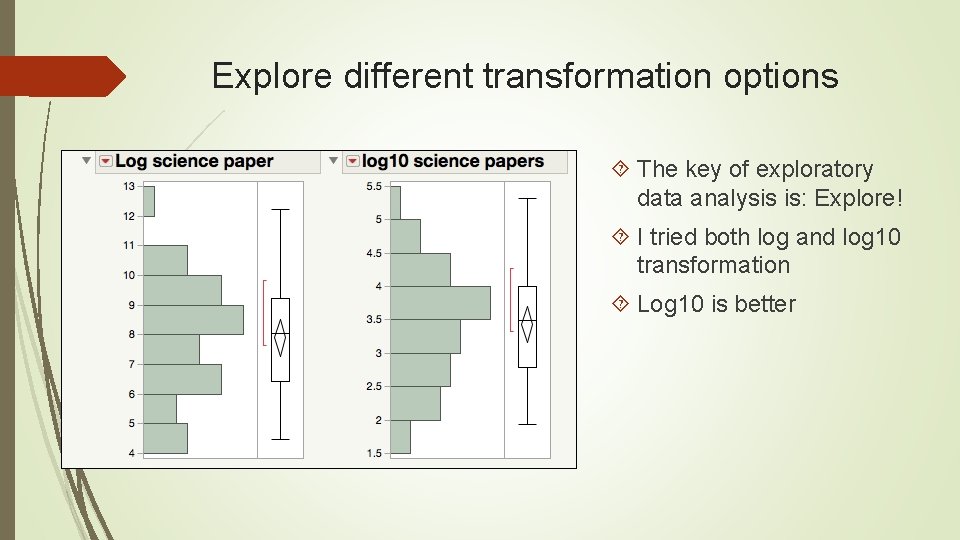 Explore different transformation options The key of exploratory data analysis is: Explore! I tried