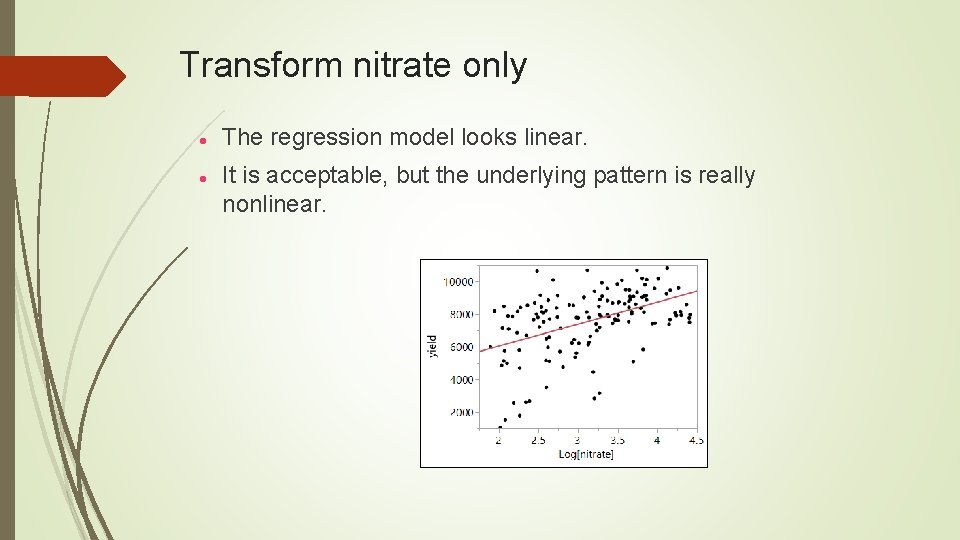 Transform nitrate only The regression model looks linear. It is acceptable, but the underlying