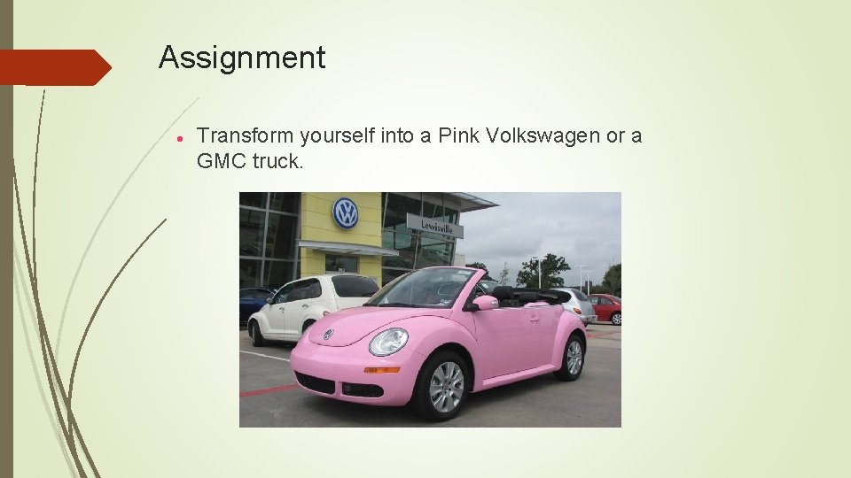 Assignment Transform yourself into a Pink Volkswagen or a GMC truck. 