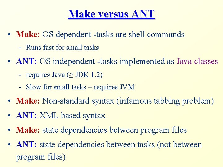 Make versus ANT • Make: OS dependent -tasks are shell commands - Runs fast