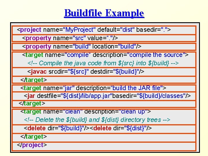 Buildfile Example <project name="My. Project" default="dist" basedir=". "> <property name="src" value=“. "/> <property name="build"