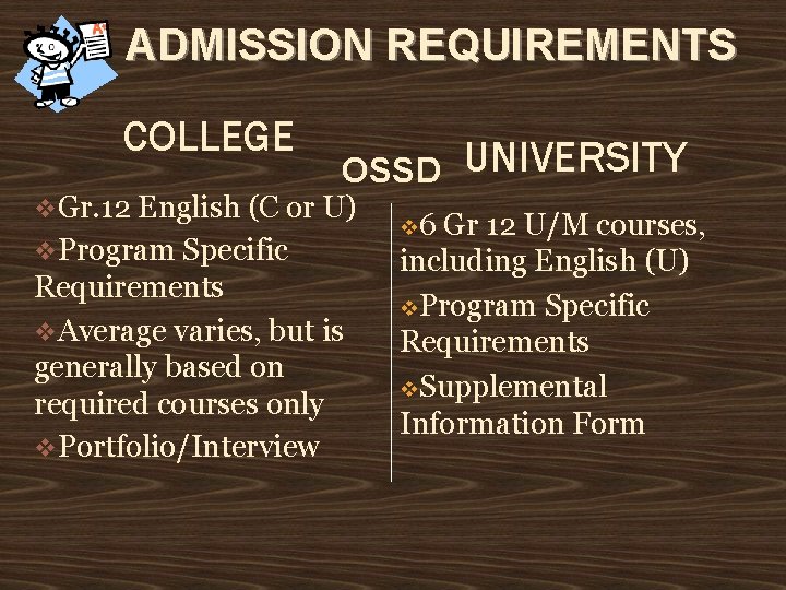 ADMISSION REQUIREMENTS COLLEGE OSSD Gr. 12 English (C or U) Program Specific Requirements Average ADMISSION REQUIREMENTS COLLEGE OSSD Gr. 12 English (C or U) Program Specific Requirements Average