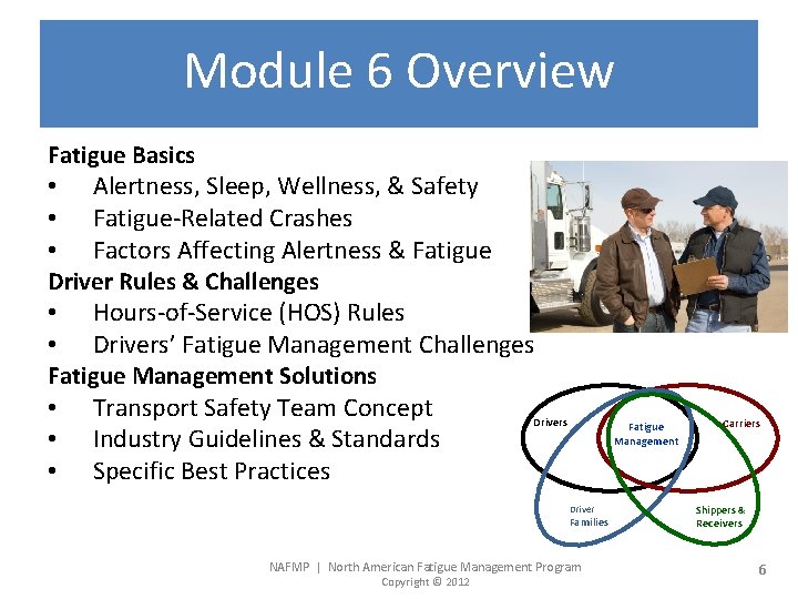 Module 6 Overview Fatigue Basics • Alertness, Sleep, Wellness, & Safety • Fatigue-Related Crashes