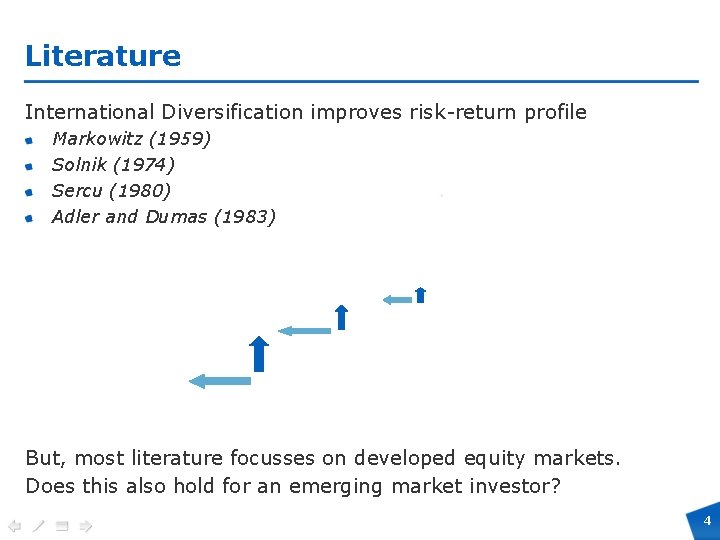 Literature International Diversification improves risk-return profile Markowitz (1959) Solnik (1974) Sercu (1980) Adler and