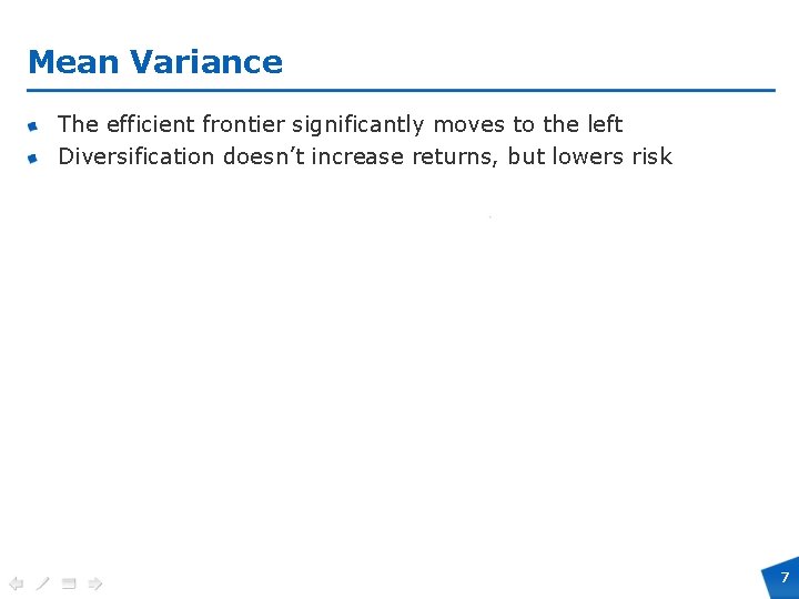 Mean Variance The efficient frontier significantly moves to the left Diversification doesn’t increase returns,