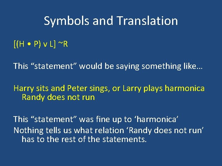 Symbols and Translation [(H • P) v L] ~R This “statement” would be saying