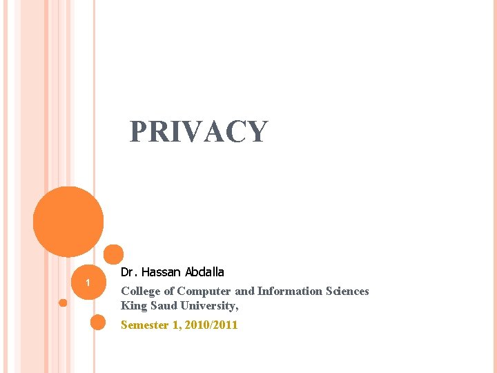 PRIVACY 1 Dr. Hassan Abdalla College of Computer and Information Sciences King Saud University,