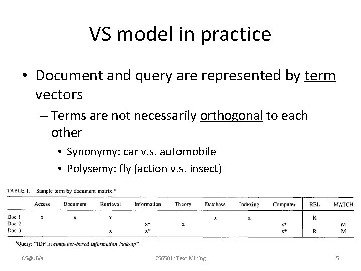 VS model in practice • Document and query are represented by term vectors –