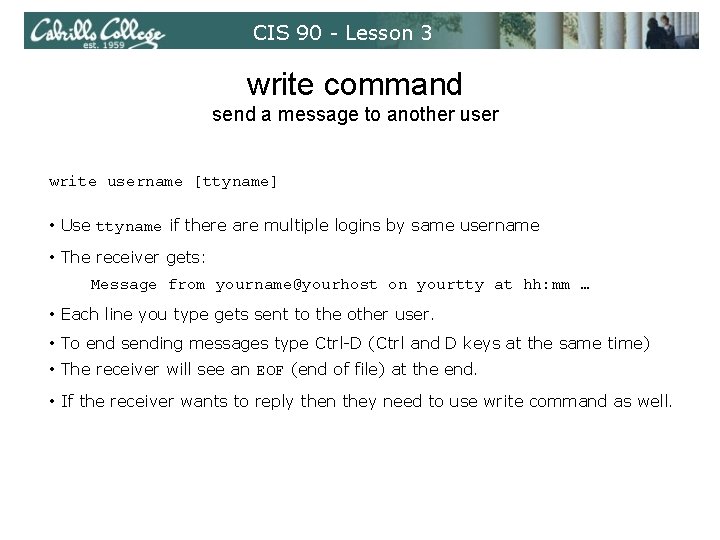 CIS 90 - Lesson 3 write command send a message to another user write