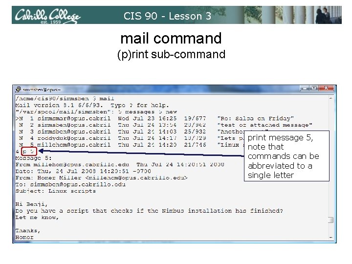 CIS 90 - Lesson 3 mail command (p)rint sub-command print message 5, note that