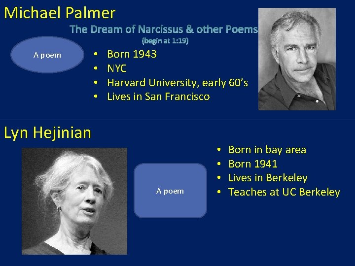Michael Palmer A poem • • Born 1943 NYC Harvard University, early 60’s Lives