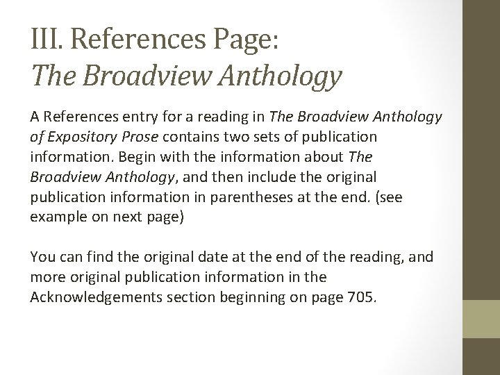III. References Page: The Broadview Anthology A References entry for a reading in The