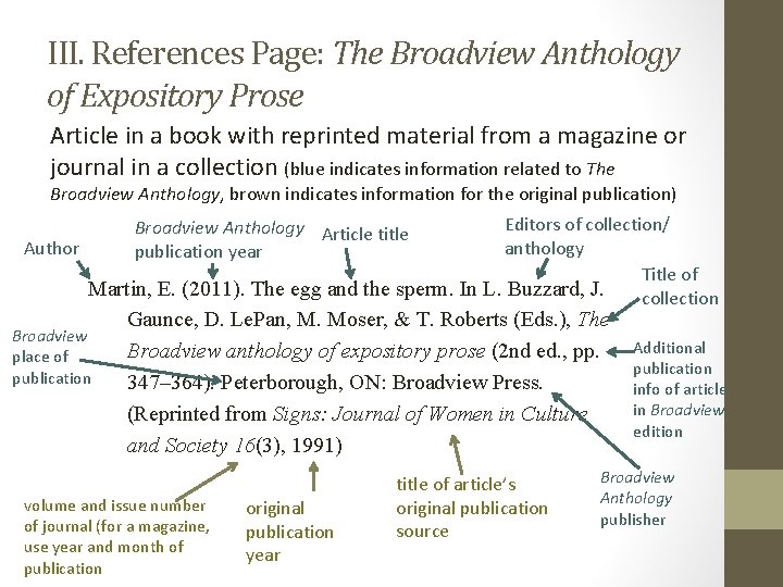 III. References Page: The Broadview Anthology of Expository Prose Article in a book with