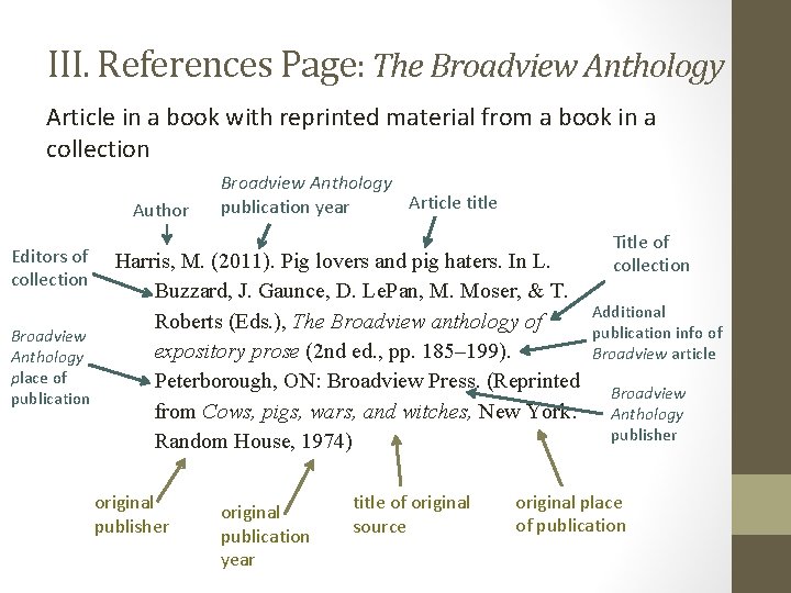 III. References Page: The Broadview Anthology Article in a book with reprinted material from