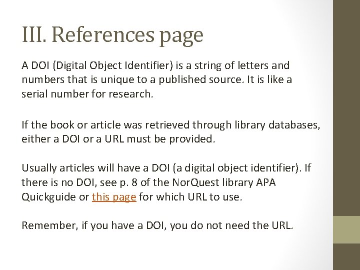 III. References page A DOI (Digital Object Identifier) is a string of letters and