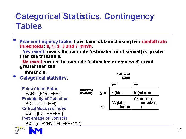 Categorical Statistics. Contingency Tables • Five contingency tables have been obtained using five rainfall