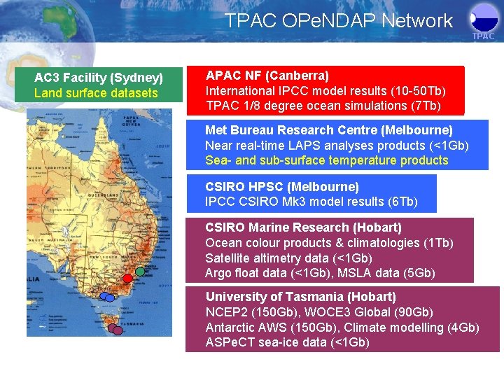 TPAC OPe. NDAP Network TPAC AC 3 Facility (Sydney) Land surface datasets APAC NF