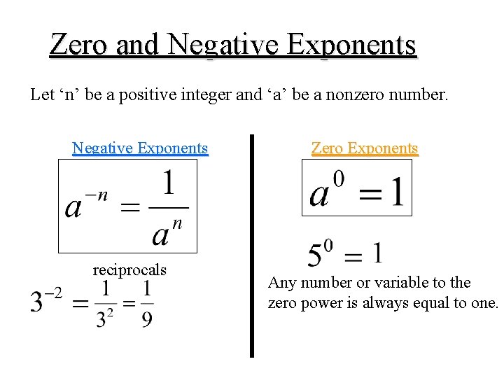 Zero and Negative Exponents Let ‘n’ be a positive integer and ‘a’ be a