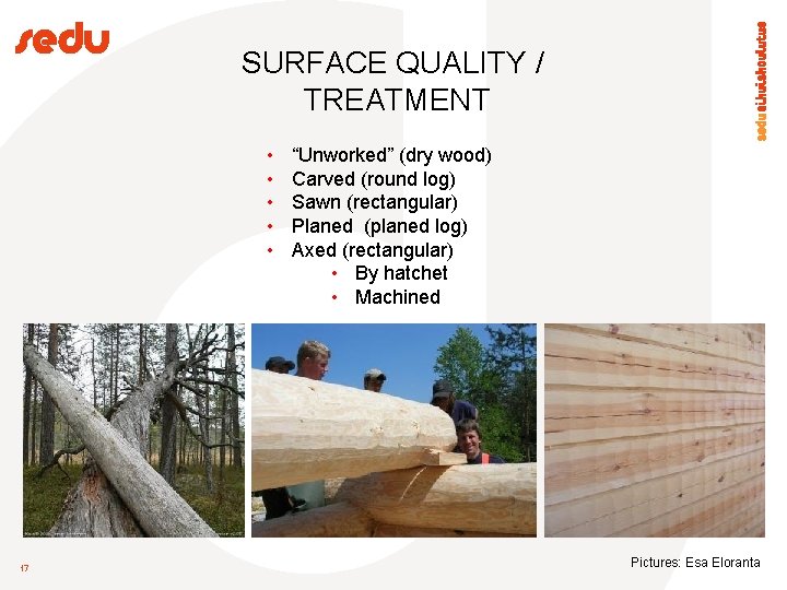 SURFACE QUALITY / TREATMENT • • • 17 “Unworked” (dry wood) Carved (round log)