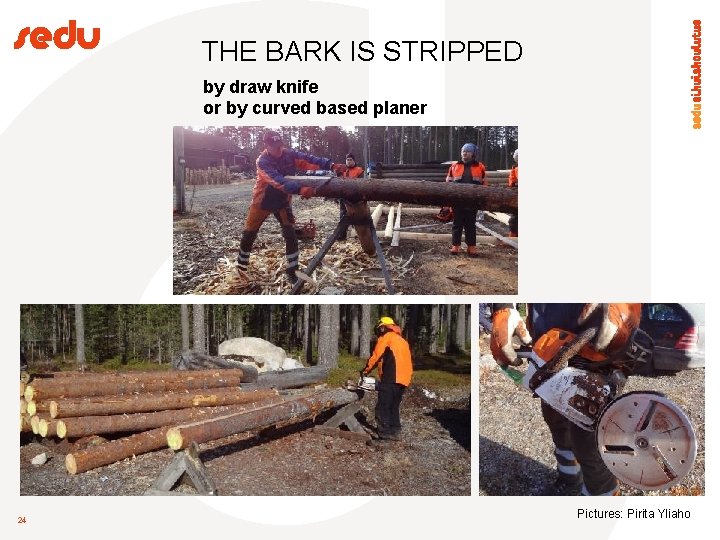 THE BARK IS STRIPPED by draw knife or by curved based planer 24 Pictures: