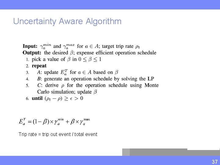 Uncertainty Aware Algorithm Trip rate = trip out event / total event 37 