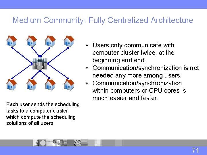 Medium Community: Fully Centralized Architecture • Users only communicate with computer cluster twice, at