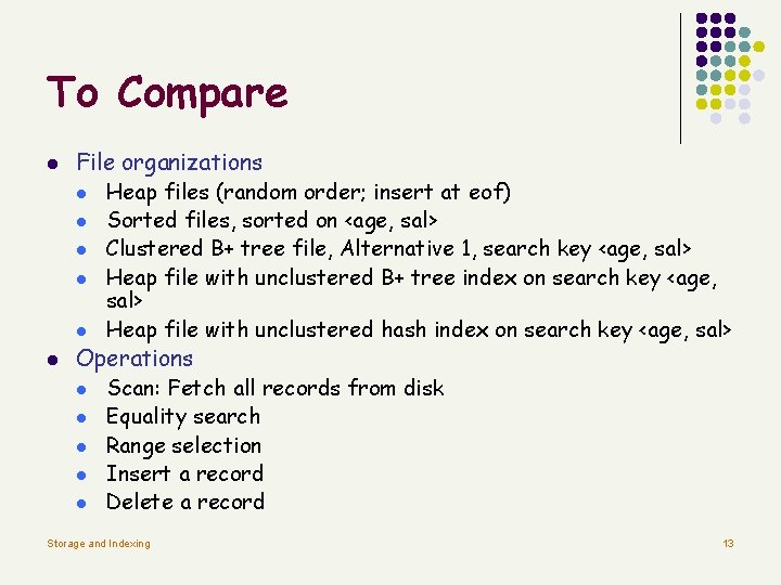 To Compare l l File organizations l Heap files (random order; insert at eof)