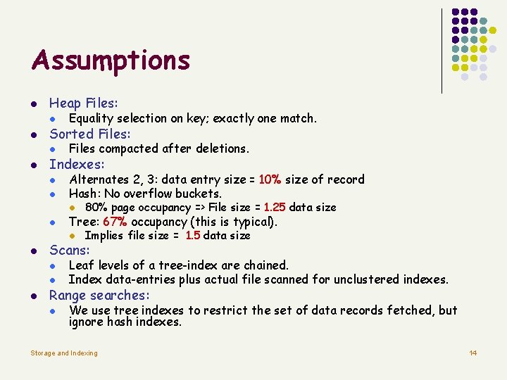 Assumptions l l l Heap Files: l Equality selection on key; exactly one match.