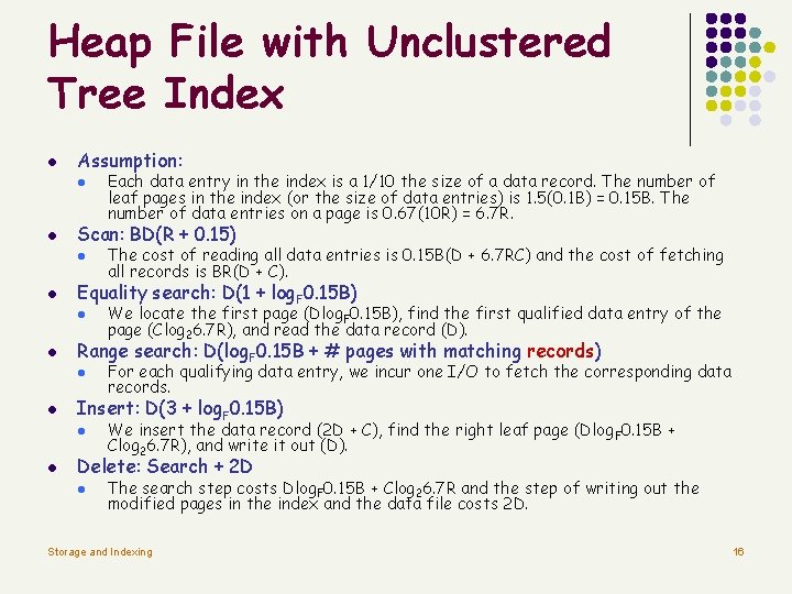 Heap File with Unclustered Tree Index l Assumption: l l Scan: BD(R + 0.