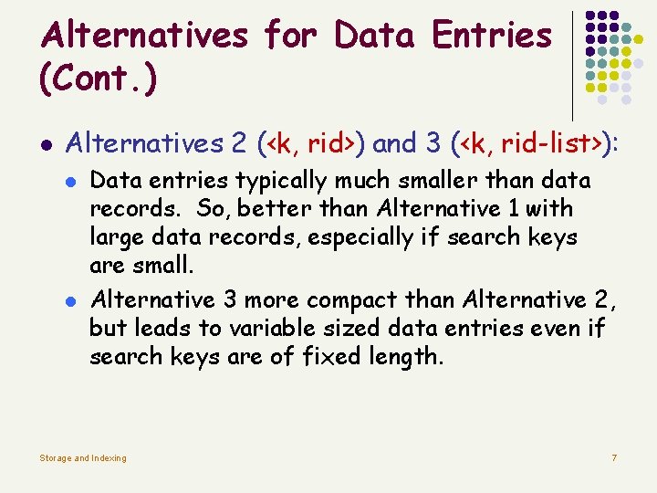 Alternatives for Data Entries (Cont. ) l Alternatives 2 (<k, rid>) and 3 (<k,