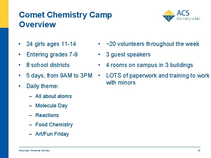 Comet Chemistry Camp Overview • 24 girls ages 11 -14 • ~20 volunteers throughout