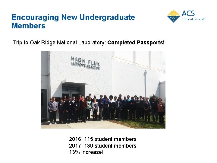 Encouraging New Undergraduate Members Trip to Oak Ridge National Laboratory: Completed Passports! 2016: 115