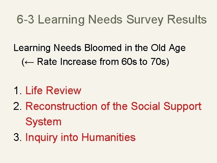 6 -3 Learning Needs Survey Results Learning Needs Bloomed in the Old Age (←