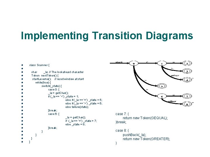 Implementing Transition Diagrams l class Scanner { l char _la; // The lookahead character