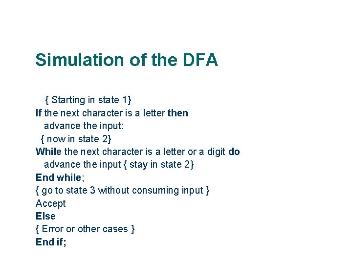 Simulation of the DFA 3 { Starting in state 1} If the next character