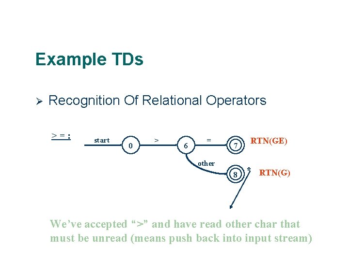 Example TDs Ø Recognition Of Relational Operators >=: start 0 > 6 = 7