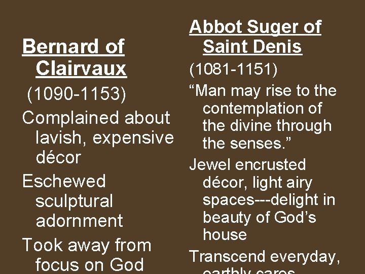 Bernard of Clairvaux Abbot Suger of Saint Denis (1081 -1151) “Man may rise to