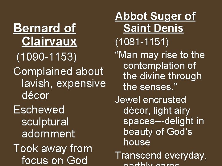 Bernard of Clairvaux Abbot Suger of Saint Denis (1081 -1151) “Man may rise to