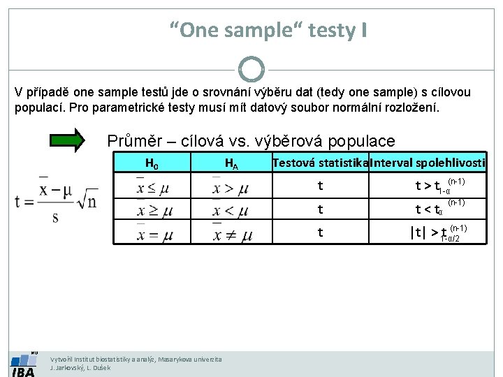 “One sample“ testy I V případě one sample testů jde o srovnání výběru dat