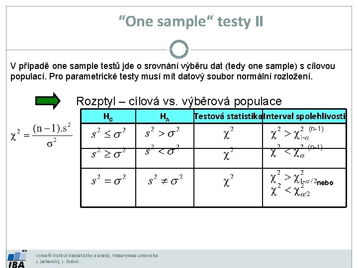 “One sample“ testy II V případě one sample testů jde o srovnání výběru dat