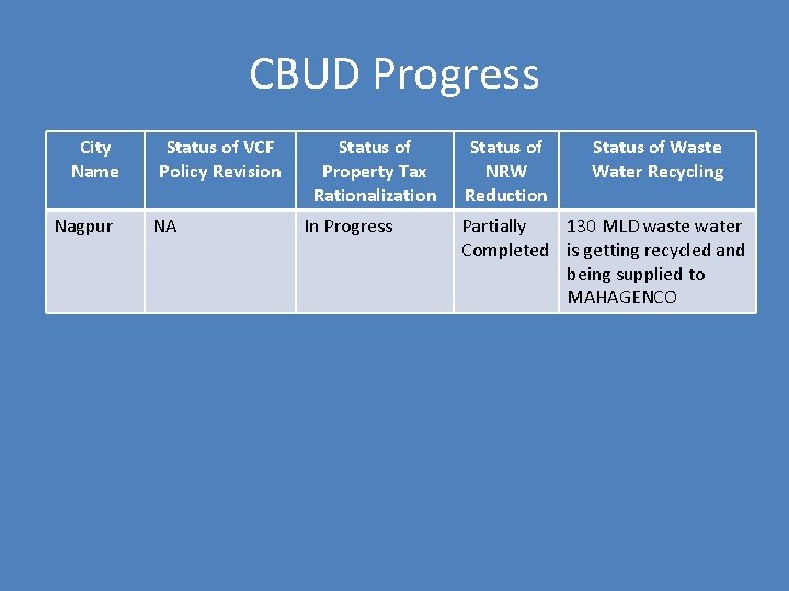 CBUD Progress City Name Nagpur Status of VCF Policy Revision NA Status of Property