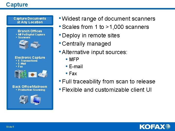 Capture Documents at Any Location Branch Offices • MFPs/Digital Copiers • Scanners Electronic Capture