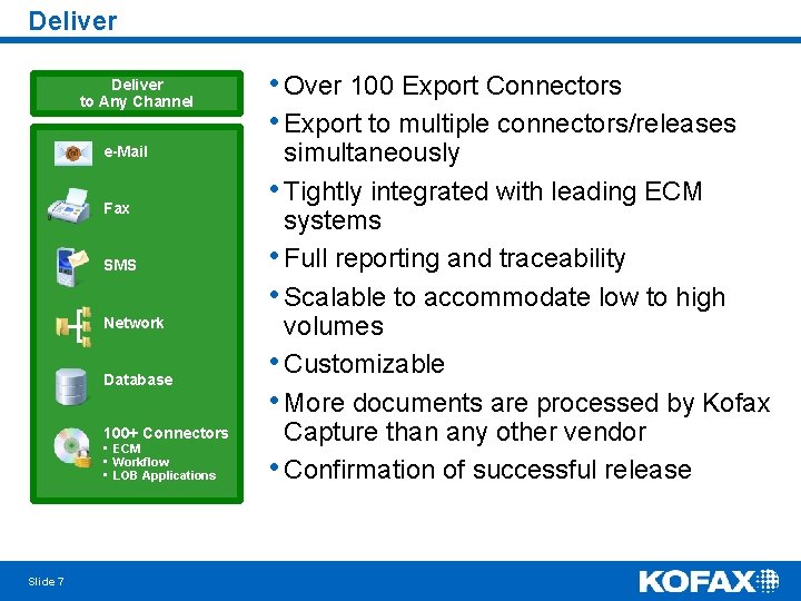 Deliver to Any Channel e-Mail Fax SMS Network Database 100+ Connectors • ECM •