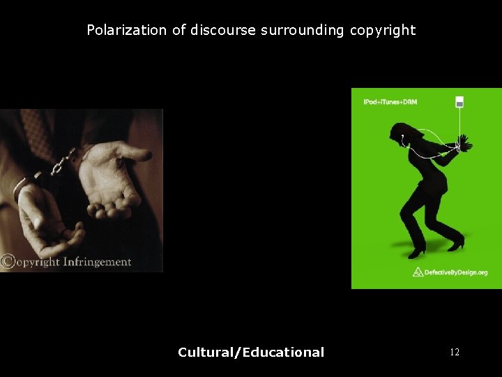 Polarization of discourse surrounding copyright Cultural/Educational 12 