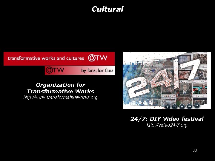 Cultural Organization for Transformative Works http: //www. transformativeworks. org 24/7: DIY Video festival http: