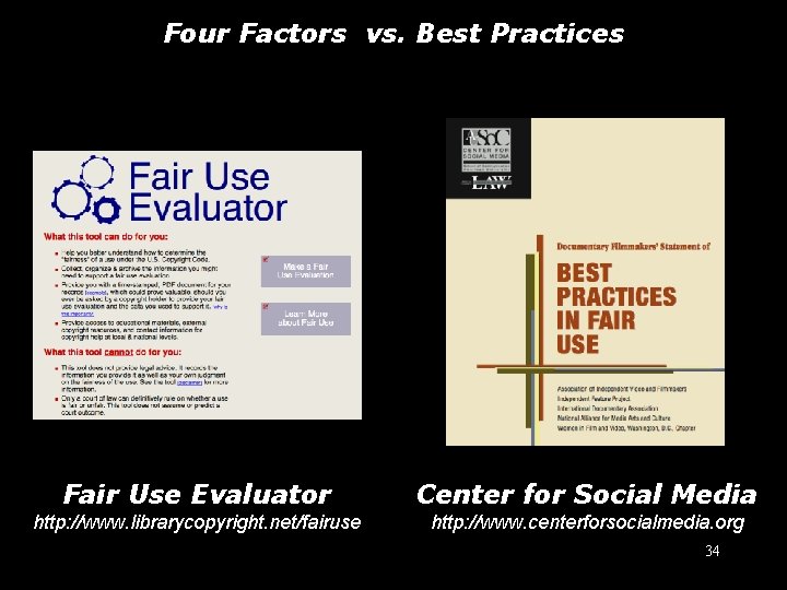 Four Factors vs. Best Practices Fair Use Evaluator Center for Social Media http: //www.