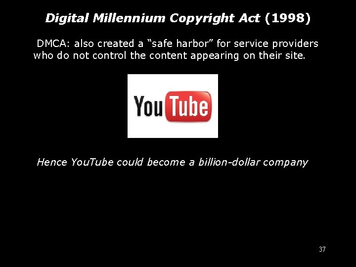 Digital Millennium Copyright Act (1998) DMCA: also created a “safe harbor” for service providers