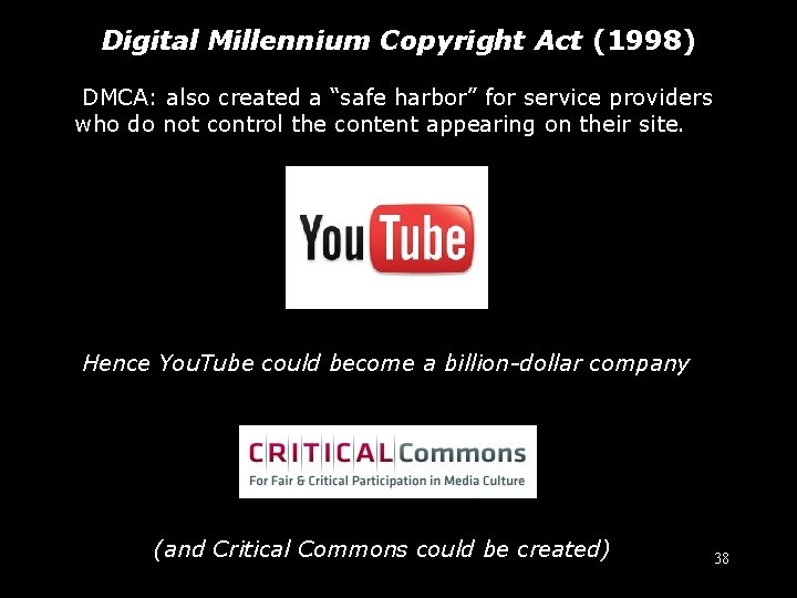 Digital Millennium Copyright Act (1998) DMCA: also created a “safe harbor” for service providers